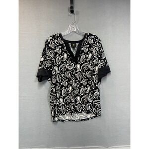 JM Collection Womens Paisley Glow Split Neck Top Black White Large 100207723MS